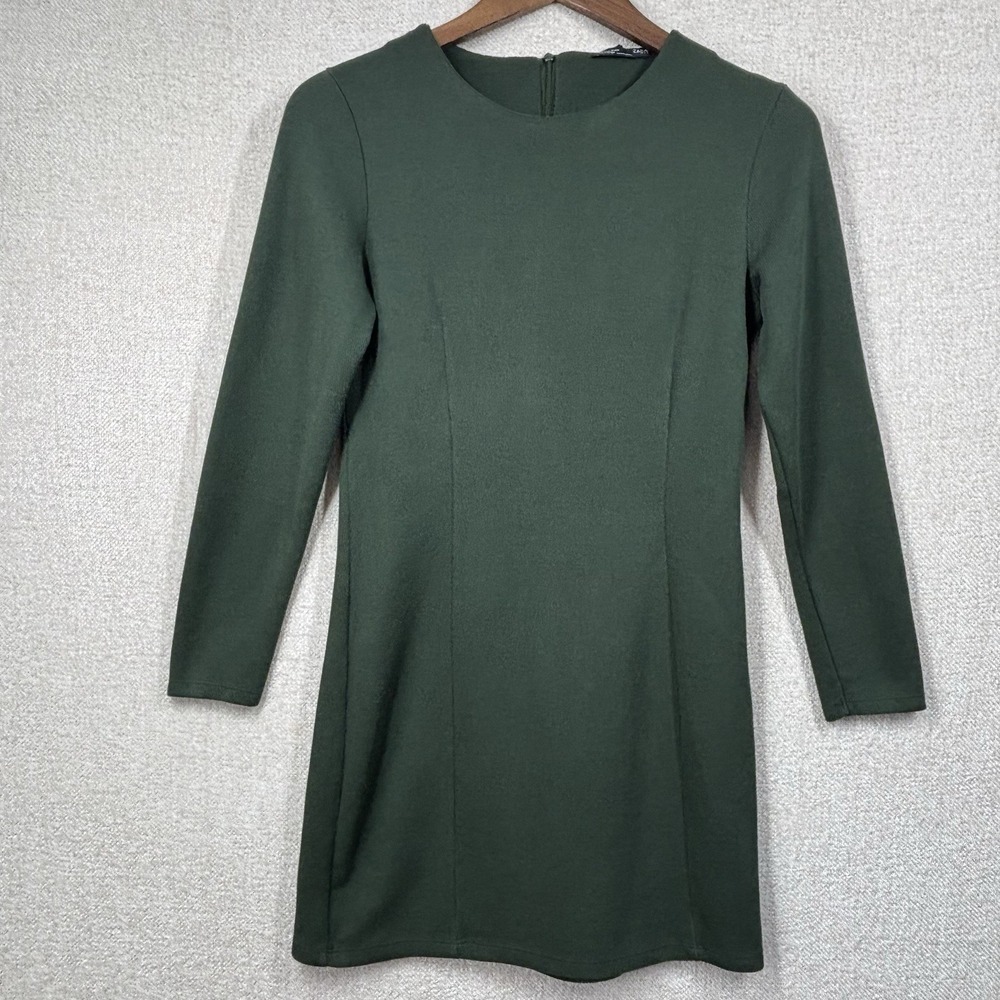 Zara W&B Forest Green Ribbed Knit Long Sleeve Mini Dress Womens Medium